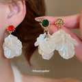 Green Crystal and Ivory Petal Cluster Drop Earrings view 1