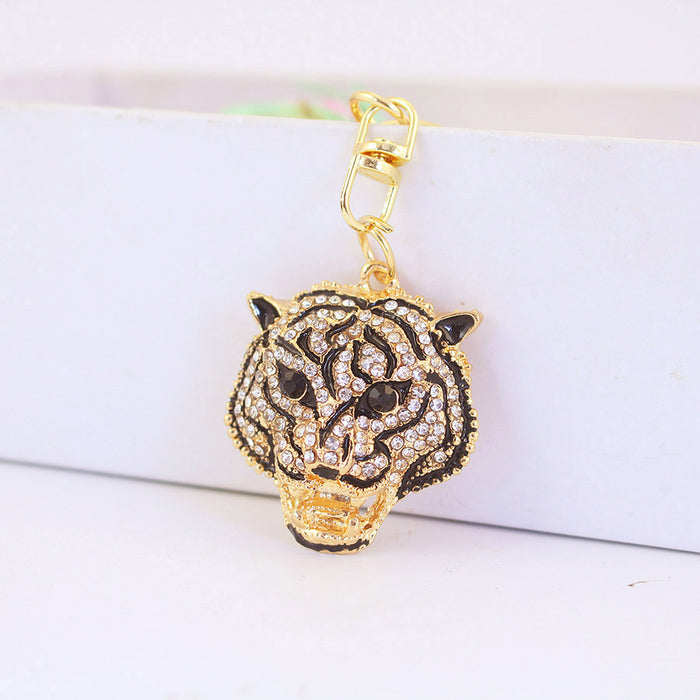 Rhinestone Leopard Head Keychain Zinc Alloy Big Cat Bag Charm for Men
