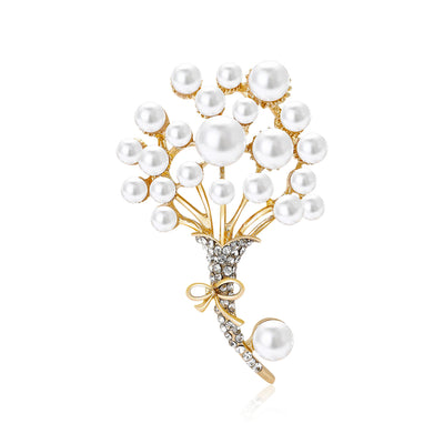 Front view of branching bouquet of white pearl-like beads with a dangling stem accent