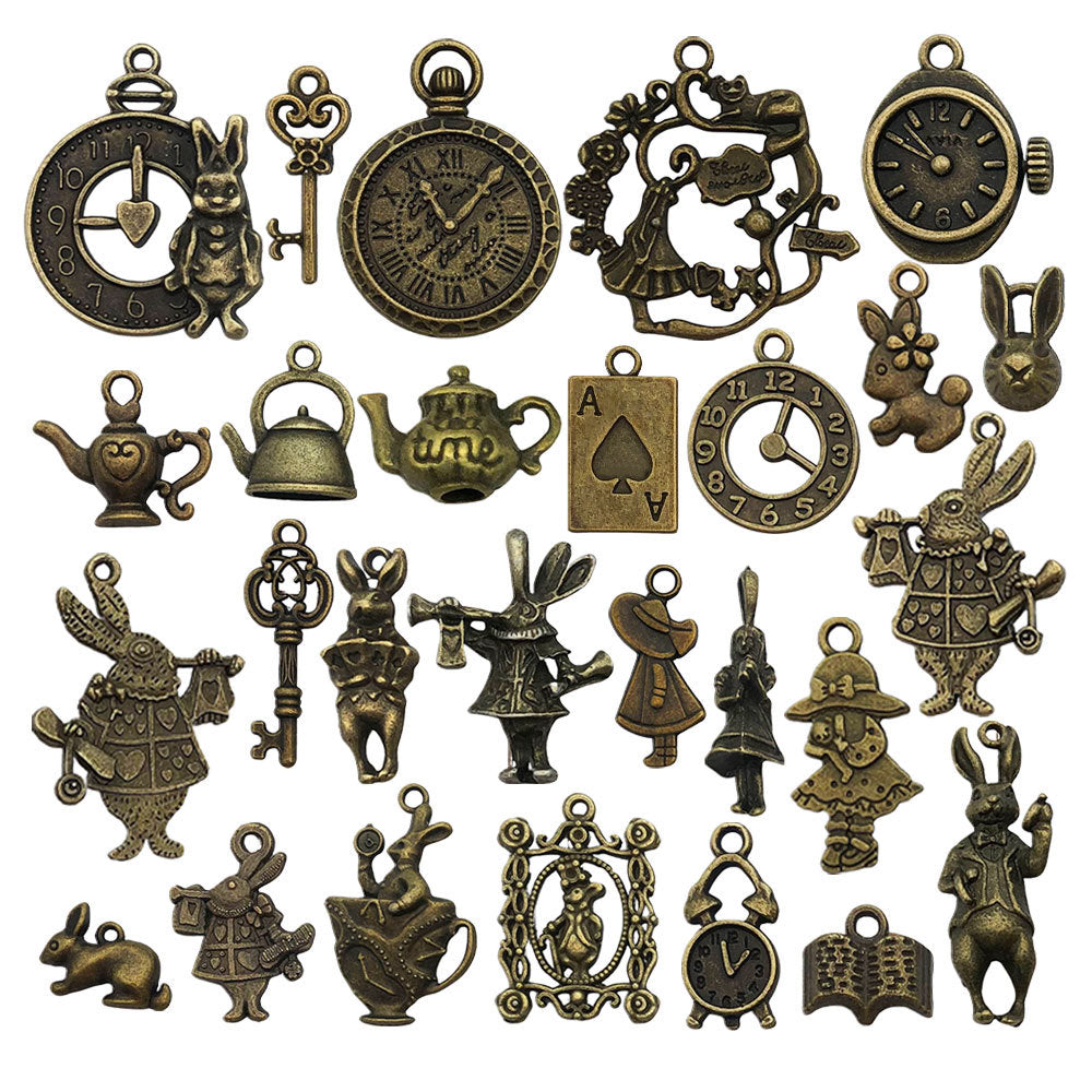 Antique Bronze Zinc Alloy Rabbit Teapot Clock Key Charm Pendants for DIY Wonderland Jewelry