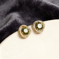 Gold Tone Olive Green Center Halo Clear Stone Stud Earrings view 2