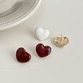 Glossy Enamel Heart Stud Earrings Gold Tone White Wine Red view 4