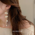 White Flower Pearl Long Chain Hook Earrings Statement Pair view 4