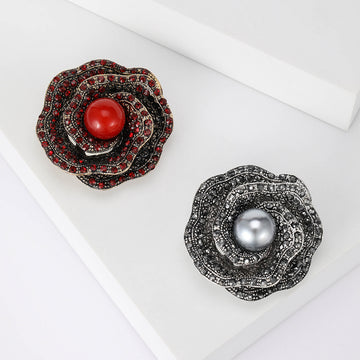 Rhinestone Rose Flower Brooch Pearl Center Two Color Styles