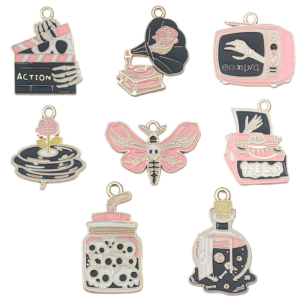 Zinc Alloy Pink Halloween Skull Charm Pendant for DIY Necklace Bracelet Keychain