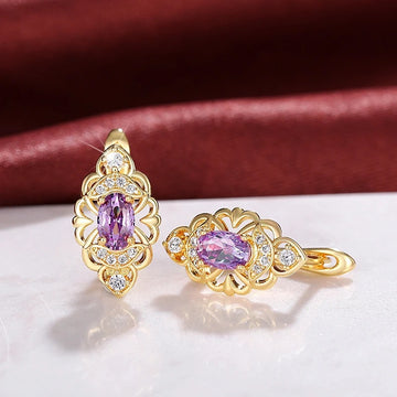 Gold Tone Ornate Oval Purple Stone Leverback Earrings