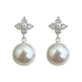 Silver Tone Clear Stone Four Petal Flower And Pearl Stud Earrings view 5