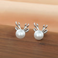 Pearl Reindeer Stud Earrings in Silver Tone Polished Metal Jewelry view 3