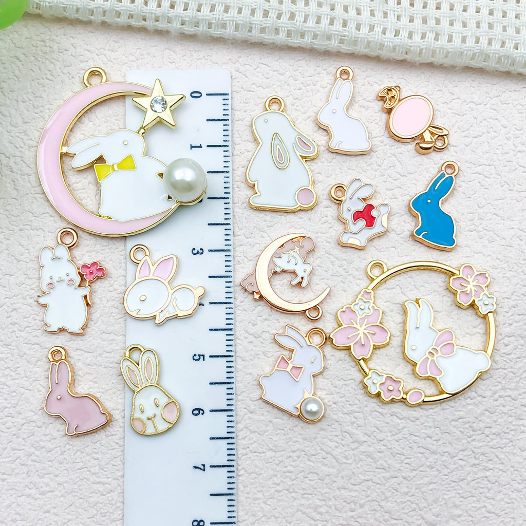 Enamel Zinc Alloy Rose Sakura Rabbit Moon Wreath Flower Charm Pendants for DIY Keychain Jewelry
