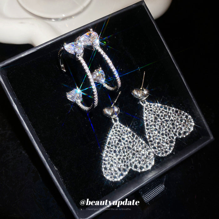 Openwork Heart Drop Stud Earrings With Crystal Tops