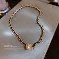 Gold Tone Black Leather Weave Chain Necklace Rhinestone Ball Clasp view 4