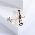 Black and White Cats on Branch Brooch with Green Leaves view 2