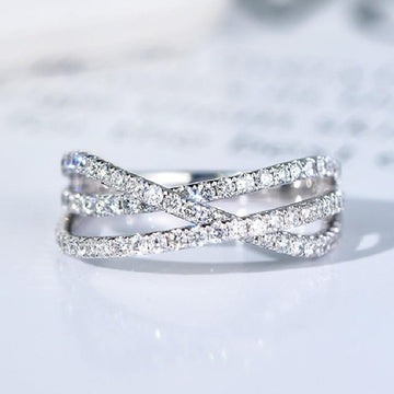 Silver Multi Layer Crossed CZ Pavé Finger Ring Sizes 6-10
