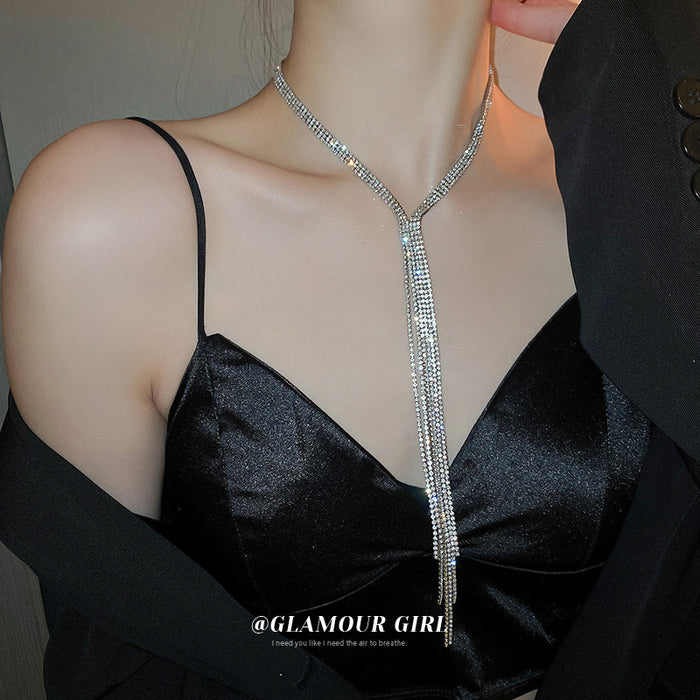 Silver Rhinestone Y Fringe Lariat Necklace One Style