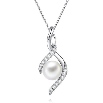 Silver Tone Clear Stone Swirl Faux Pearl Pendant Necklace