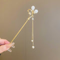 Gold Tone White Petal Hair Stick With Pearl Like Chain Drops view 6