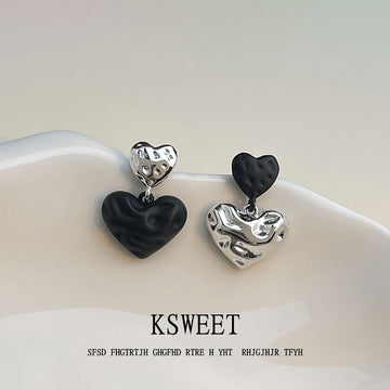 Black And Silver Tone Double Heart Asymmetric Drop Earrings