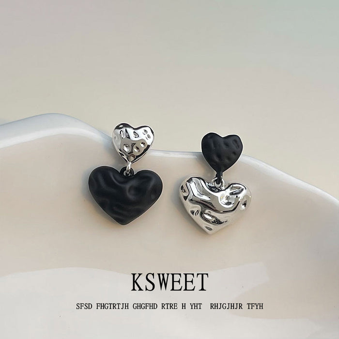 Black And Silver Tone Double Heart Asymmetric Drop Earrings