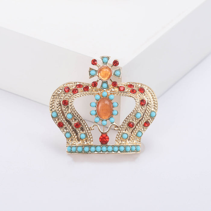 Jeweled Enamel Crown Brooch for Jackets Scarves and Coats