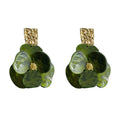 Gold Tone Hammered Square Top And Dark Green Flower Drop Earrings view 5