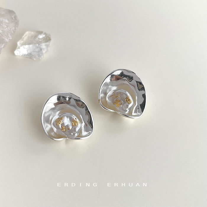 Silver Irregular Concave Stud Gold Fleck Pearl Center Pair