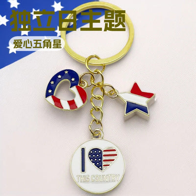 Main display of eight red white and blue flag star and heart keychains