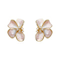 Gold Tone Pink Pearlescent Five Petal Flower Clear Stone Stud Earrings view 5