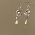 Silver Tone Floral Cluster Earrings with Pearl Tassel Drops view 4