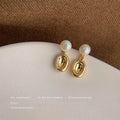 Gold Pearl Stud Earrings Hollow Oval Metal Drop Charm view 4