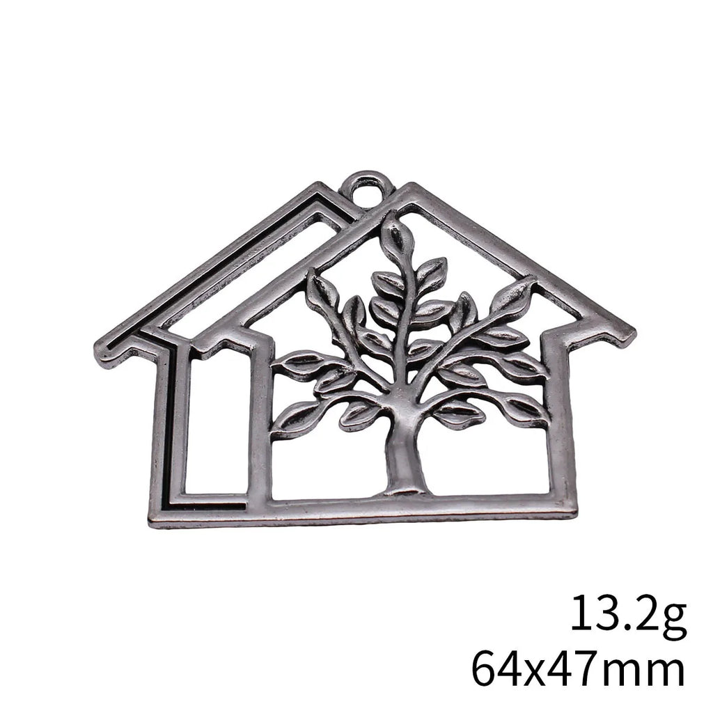 64x47mm 13.2g Antique Silver Zinc Alloy Openwork House and Tree Hollow Charm Pendant for DIY Jewelry Making