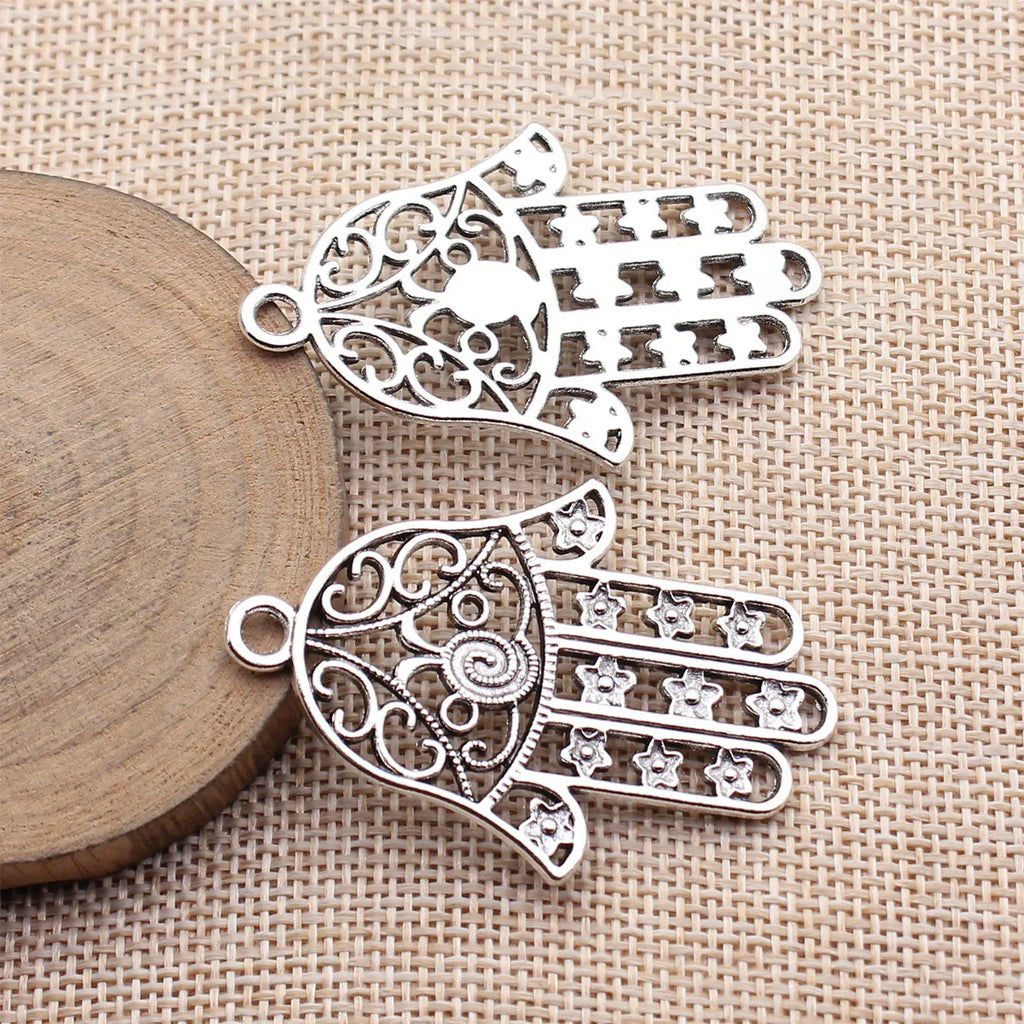 52x35mm 7.6g Antique Silver Zinc Alloy Hollow Flower Fatima Hand Lucky Palm Charm Pendant for DIY Necklace