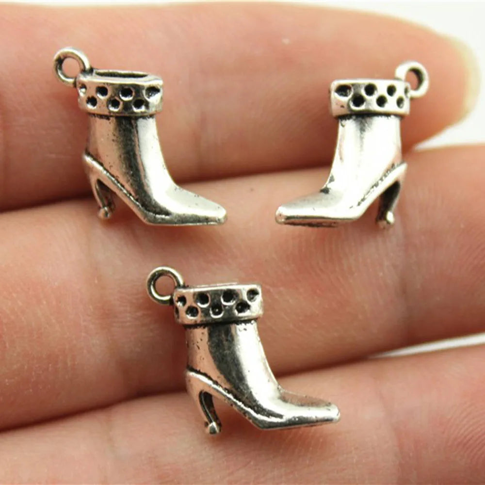 13x13x5mm 1.6g Antique Silver Zinc Alloy High Heel Boot Shoe Charm Pendant for DIY Jewelry Making