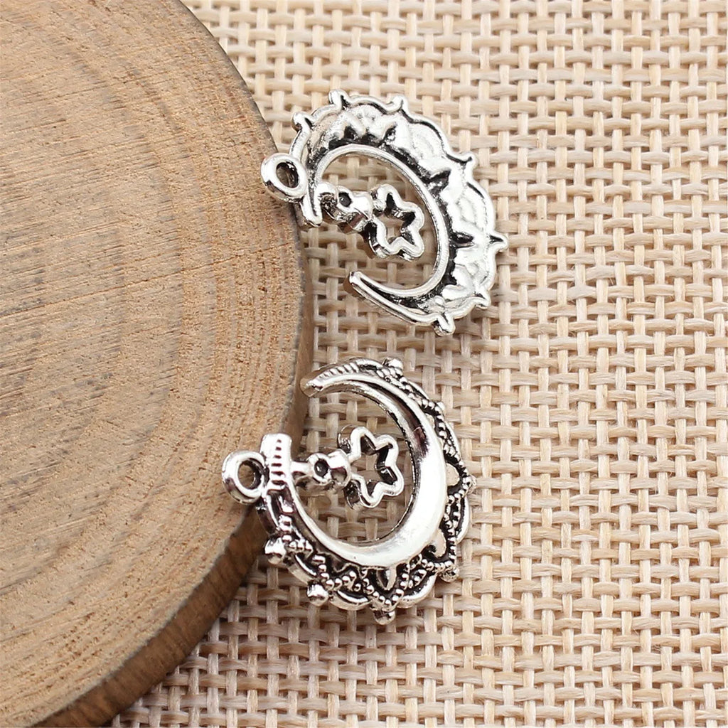 21x18mm 1.4g Antique Silver Zinc Alloy Moon Stars Charm Pendant for DIY Celestial Jewelry Making