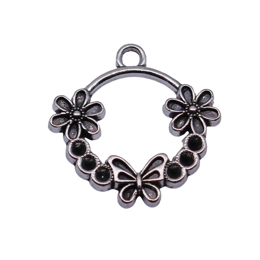 22x22mm 1.9g Antique Silver Zinc Alloy Flower Butterfly Round Ring Charm Pendant for DIY Earrings