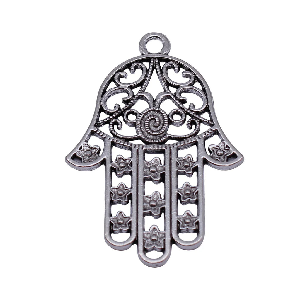 52x35mm 7.6g Antique Silver Zinc Alloy Hollow Flower Fatima Hand Lucky Palm Charm Pendant for DIY Necklace