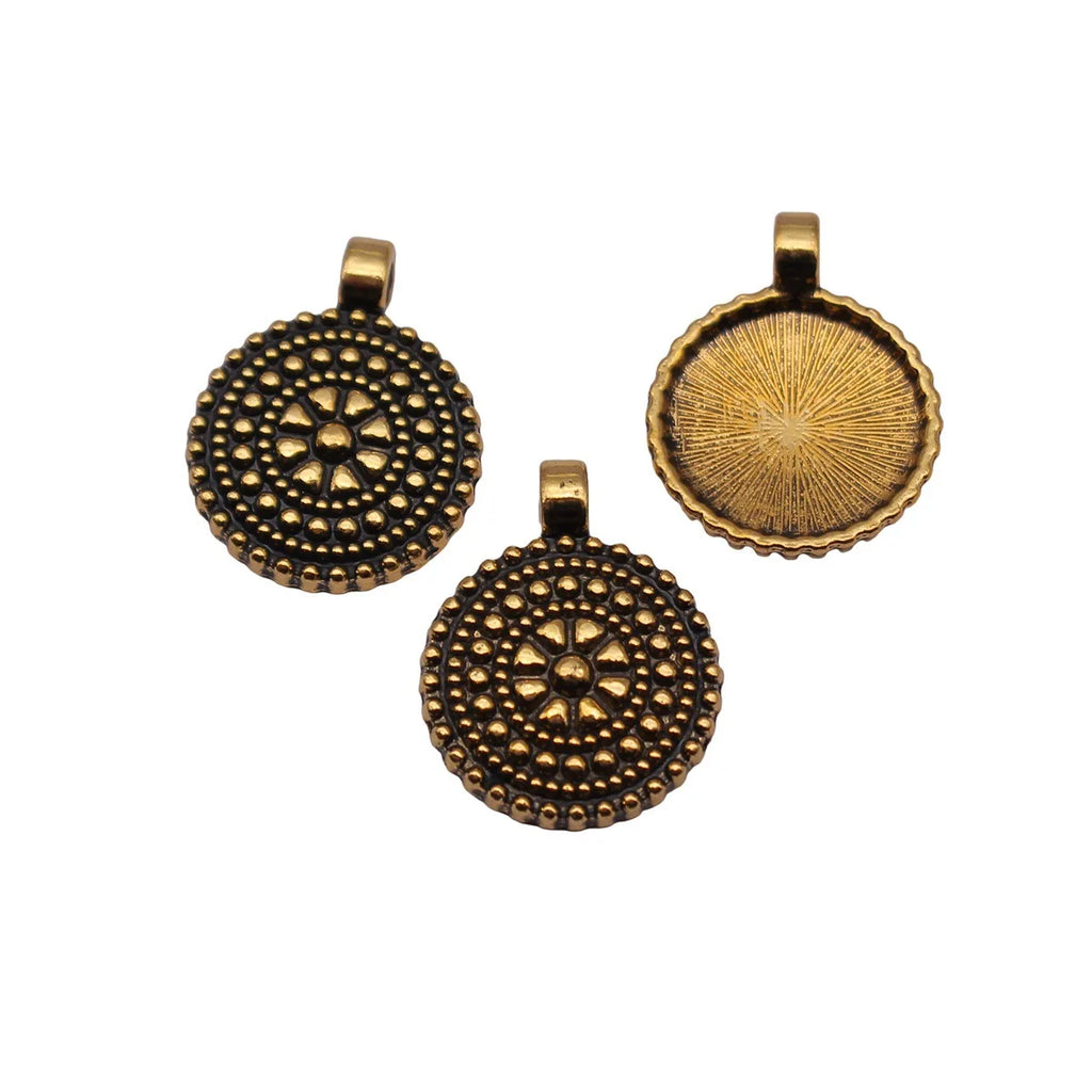17x13mm 0.86g Antique Gold Tone Zinc Alloy Textured Round Disc Ring Charm Pendant for DIY Necklace Making