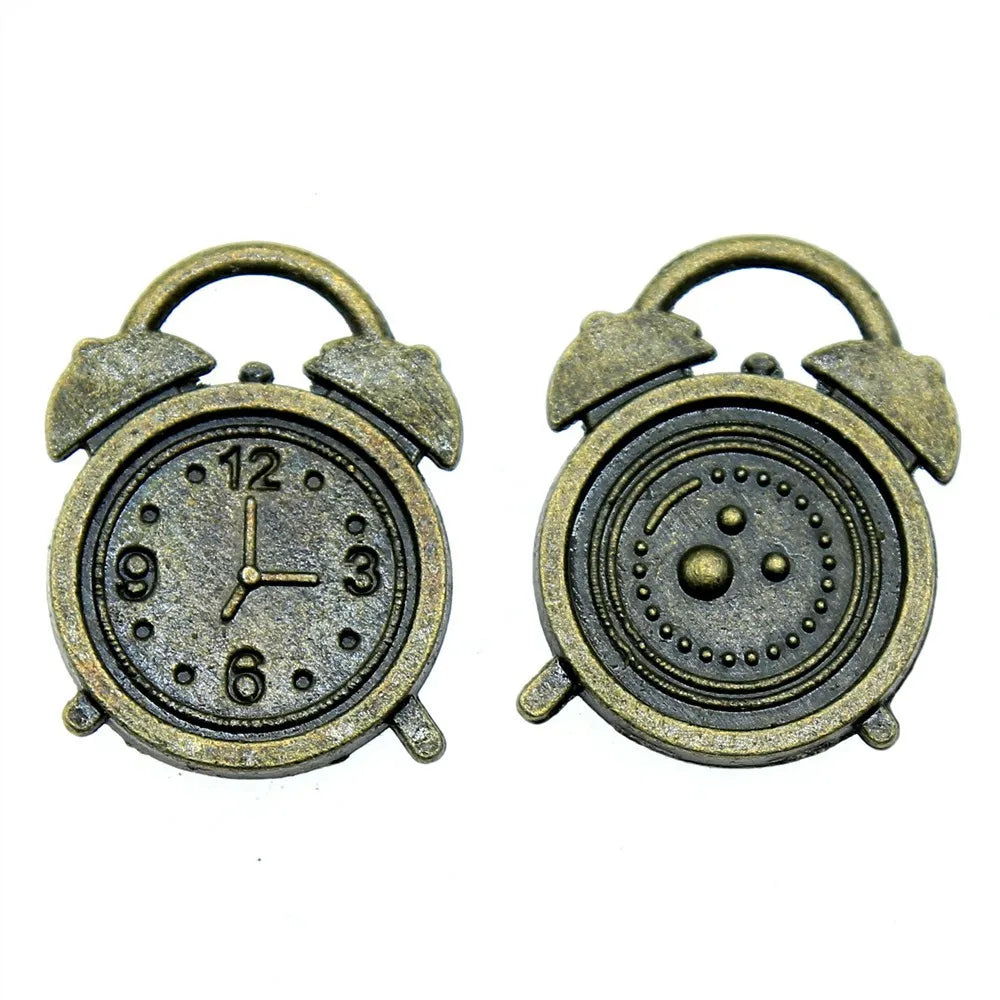 17x13mm 1.1g Antique Bronze Zinc Alloy Alarm Clock Charm Pendant for DIY Necklace Jewelry Making