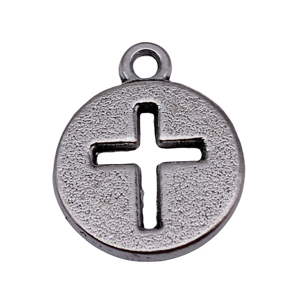 17x14mm 1.5g Antique Silver Zinc Alloy Cross Round Tag Hollow Double Sided Charm Pendant for DIY Religious Jewelry