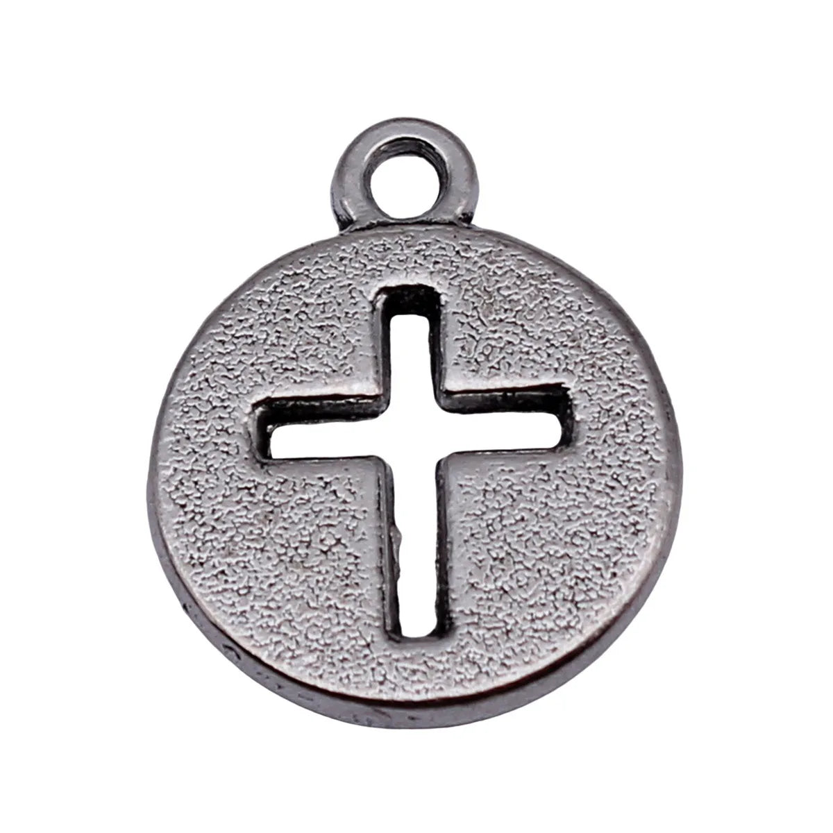 17x14mm 1.5g Antique Silver Zinc Alloy Cross Round Tag Hollow Double Sided Charm Pendant for DIY Religious Jewelry