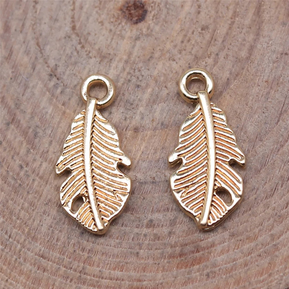 15x7mm 0.4g KC Gold Zinc Alloy Feather Charm Pendant for DIY Earrings Necklace Bracelet Making