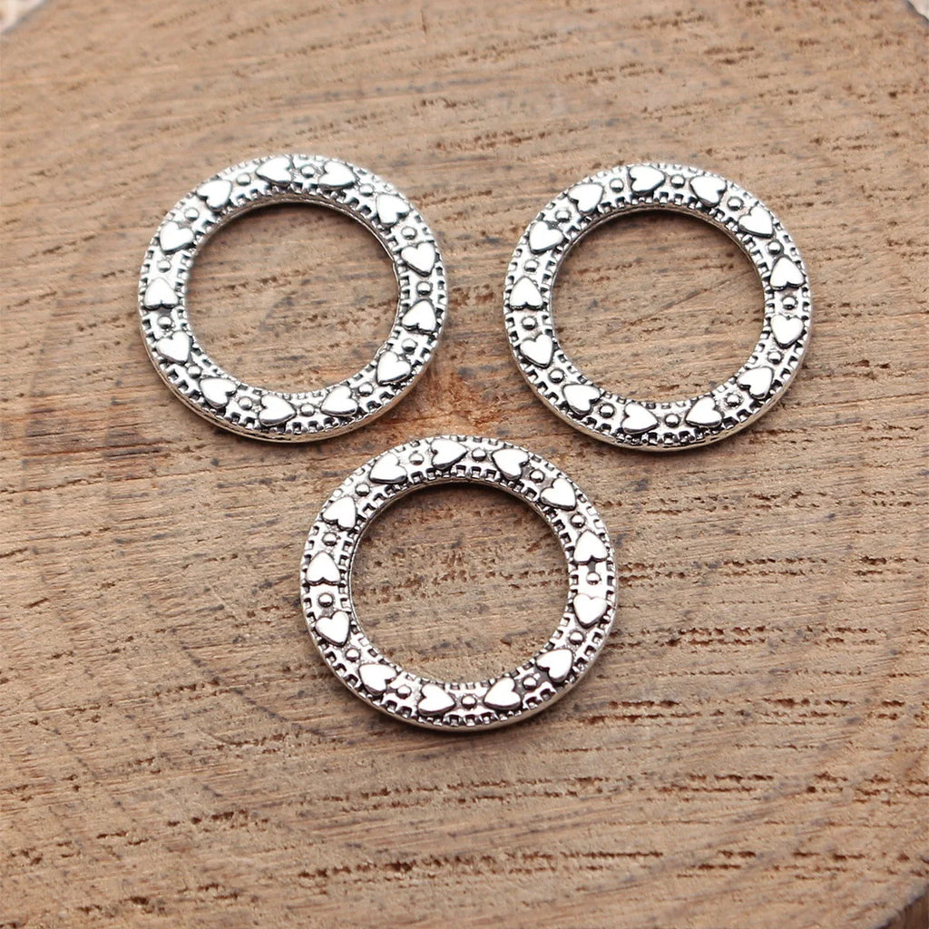 15x15mm 0.77g Antique Silver Zinc Alloy Heart Pattern Round Ring Double Sided Connector Charm for DIY Jewelry Making