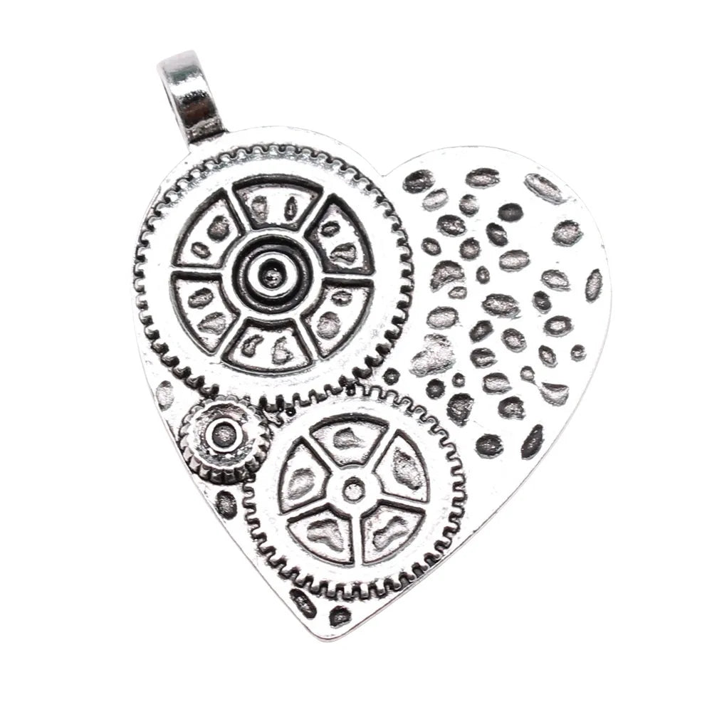 48x38mm 11.4g Antique Silver Zinc Alloy Heart Gear Charm Pendant for DIY Necklace Jewelry Making