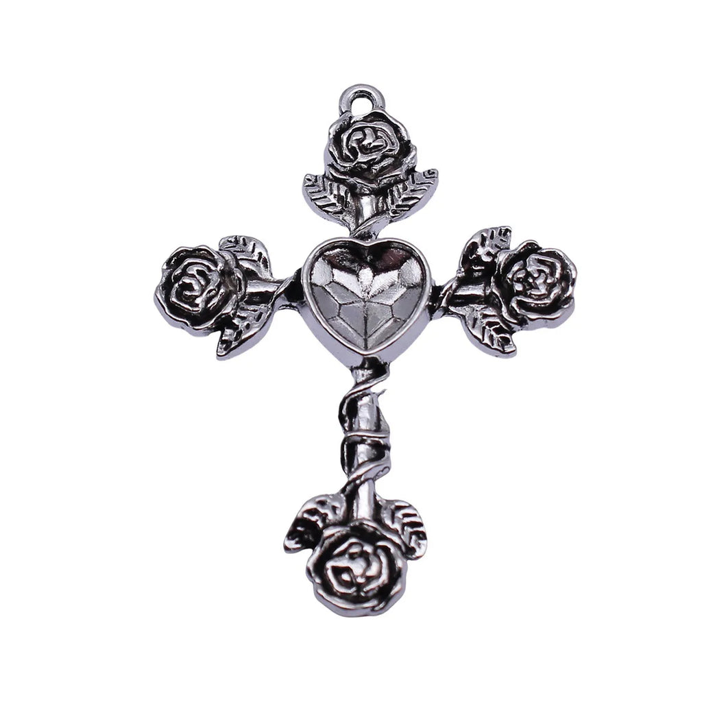 51x38mm 6.1g Antique Silver Zinc Alloy Rose Flower Heart Cross Charm Pendant for DIY Necklace Making