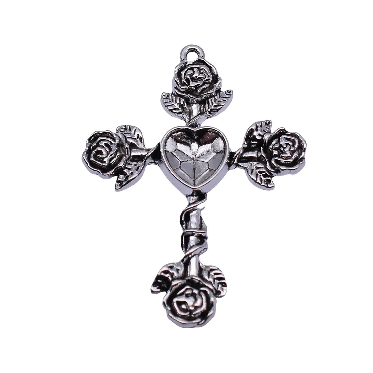 51x38mm 6.1g Antique Silver Zinc Alloy Rose Flower Heart Cross Charm Pendant for DIY Necklace Making