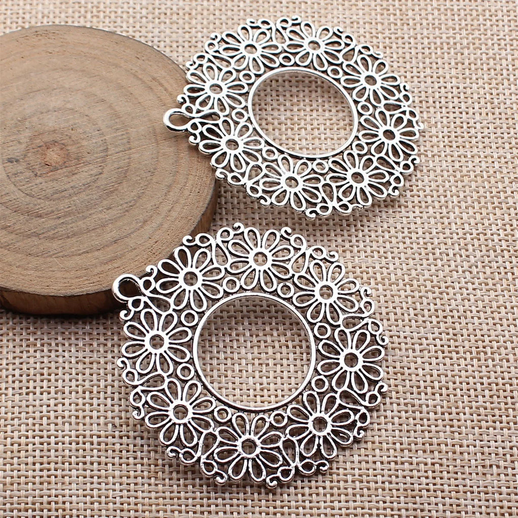 55x50mm 7.9g Antique Silver Zinc Alloy Hollow Flower Round Ring Charm Pendant for DIY Jewelry