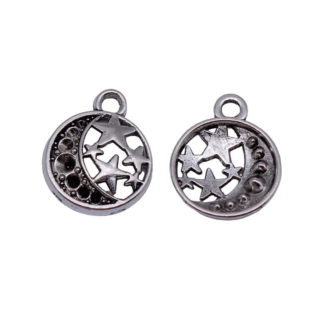 17x14mm 0.75g Antique Silver Zinc Alloy Star Moon Round Tag Charm Pendant for DIY Jewelry Making