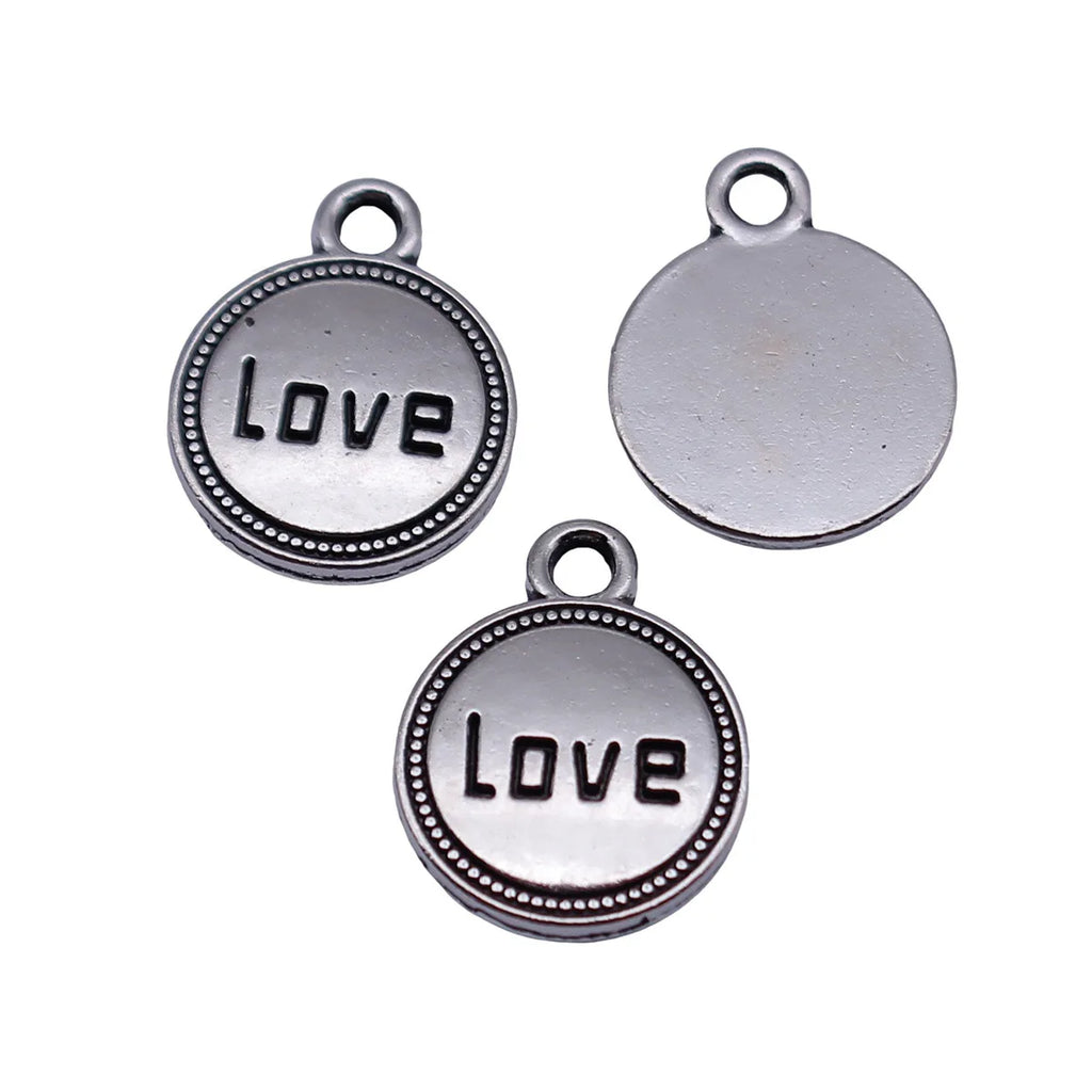 14x11mm 0.88g Silver Tone Blackened Zinc Alloy LOVE Round Tag Charm Pendant for DIY Jewelry Making