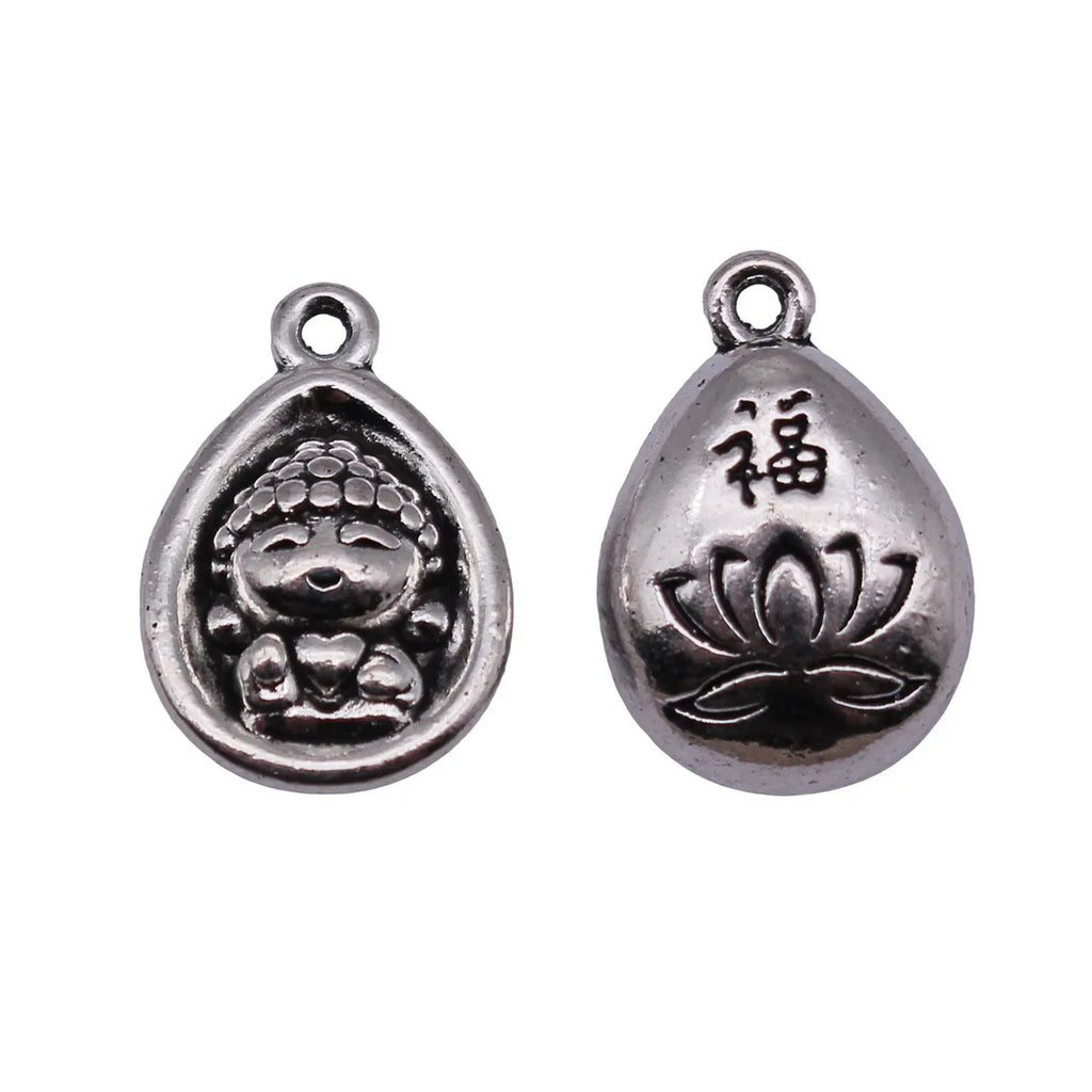18x12mm 2.9g Antique Silver Zinc Alloy Buddha Lotus Fu Character Charm Pendant for DIY Jewelry Making