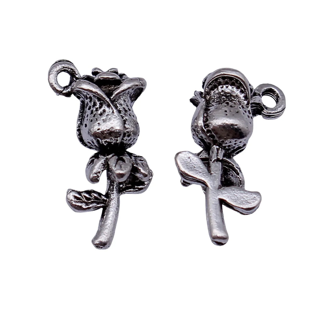 17x9.3x6.3mm 1.6g Antique Silver Zinc Alloy Rose Flower Charm Pendant for DIY Necklace Bracelet Making