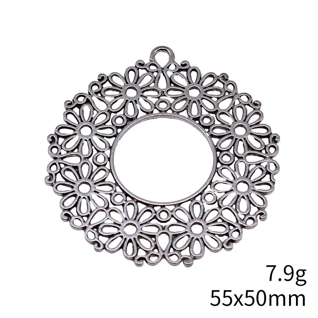 55x50mm 7.9g Antique Silver Zinc Alloy Hollow Flower Round Ring Charm Pendant for DIY Jewelry